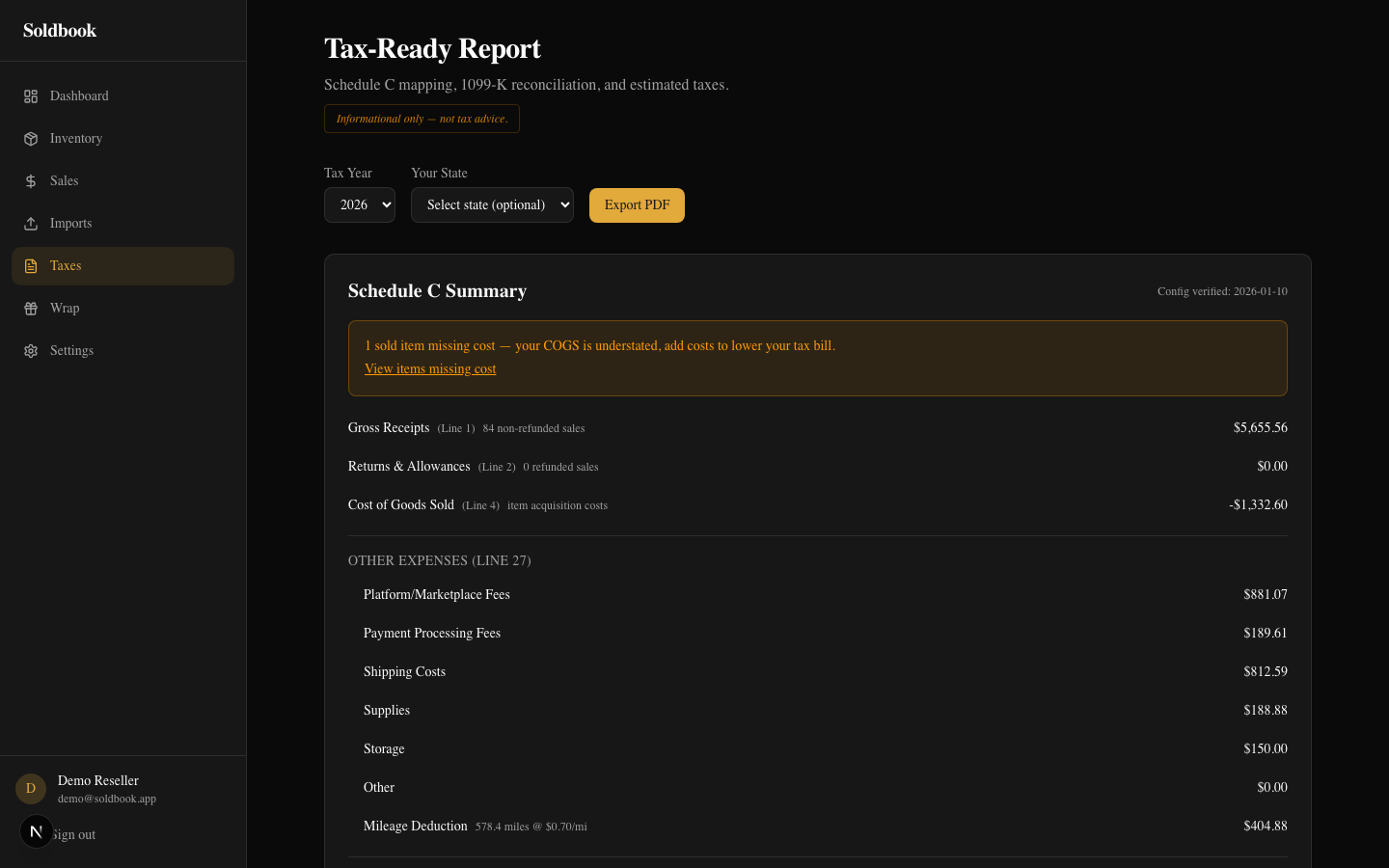 Soldbook Tax-Ready Report showing Schedule C summary, 1099-K reconciliation, and estimated self-employment tax